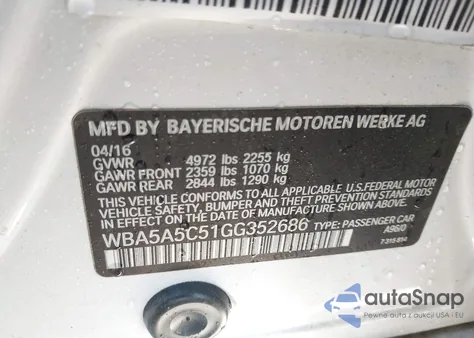 2016 BMW 528I z USA, uszkodzony, nr VIN WBA5A5C51GG352686